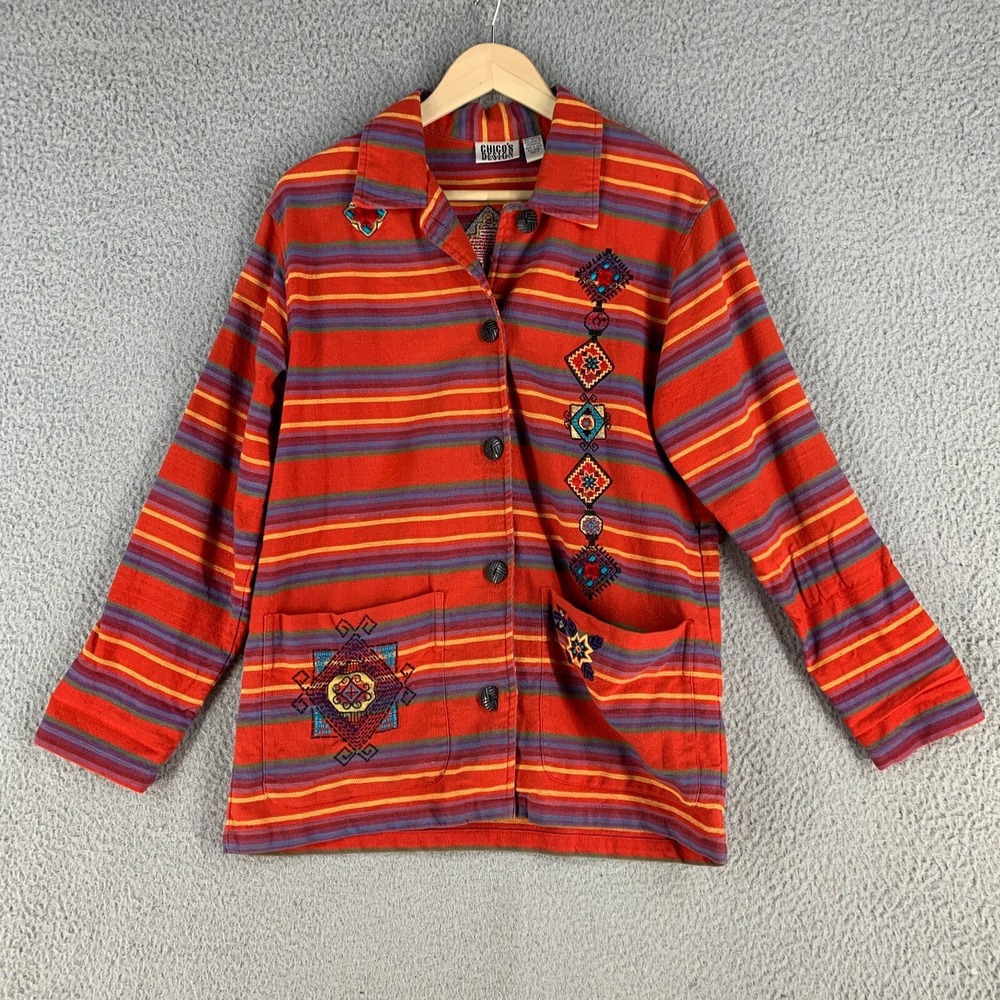 Chicos Designs Jacket 0 S Red Striped Woven Embroidered Shacket Vtg Southwestern